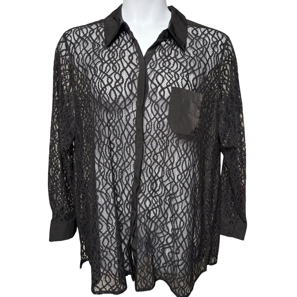 NWT ALFANI Womens Black Sheer Lace Button Up Long Sleeve Shirt XL Romantic Femme